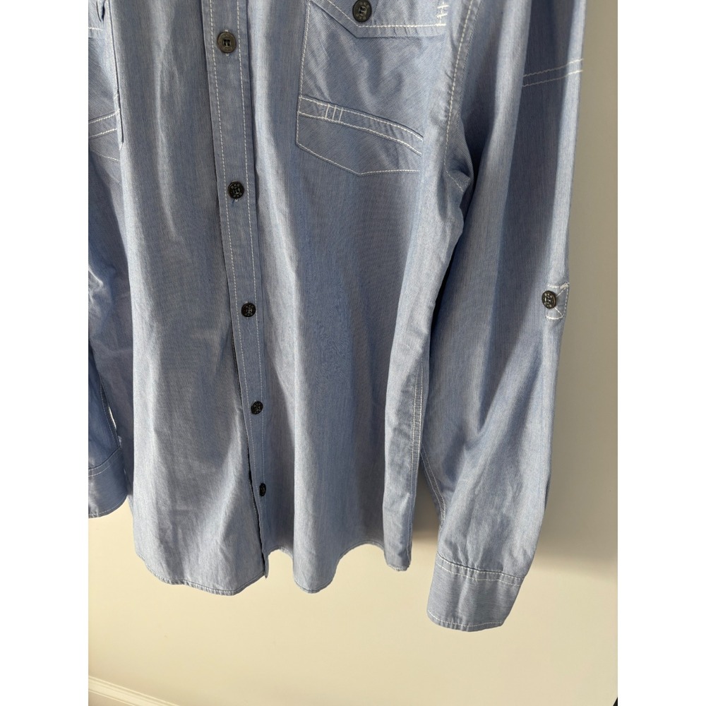 BKE Mens XXL Athletic Fit Button Down Shirt Blue White Stripe Roll Tab Sleeve - Picture 4 of 8